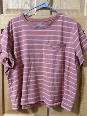 Arizona Jean Co Striped Pocket Tee XXL Pink White Crop Top